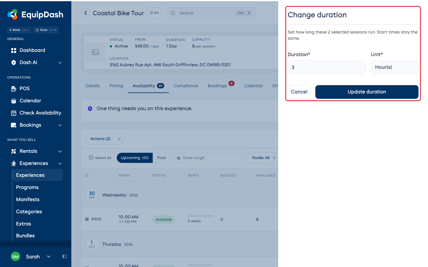 Change duration sidebar for two selected experience sessions