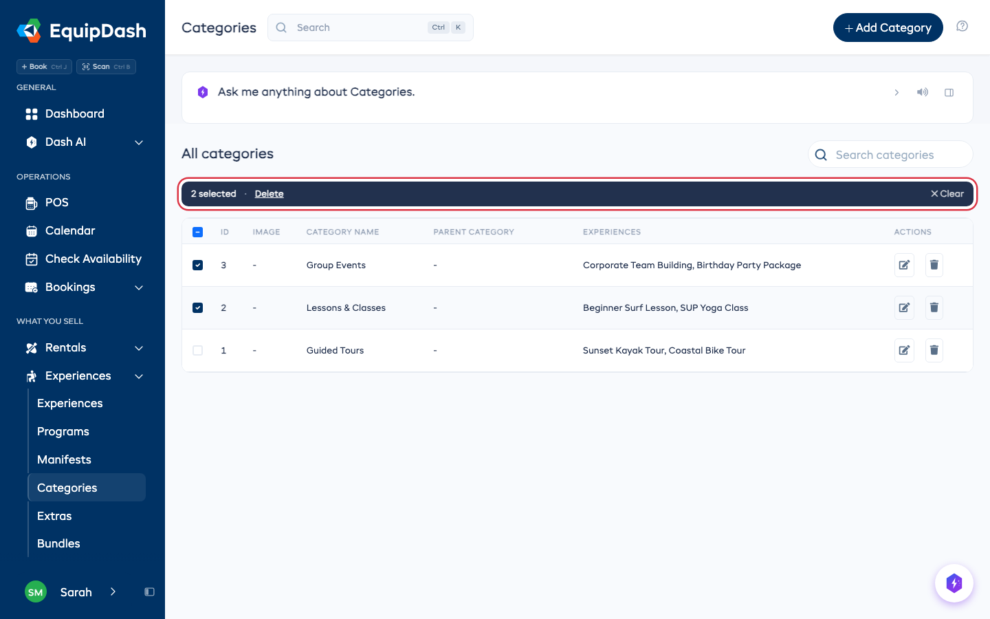 The experience categories list with categories ticked and the bar above the table