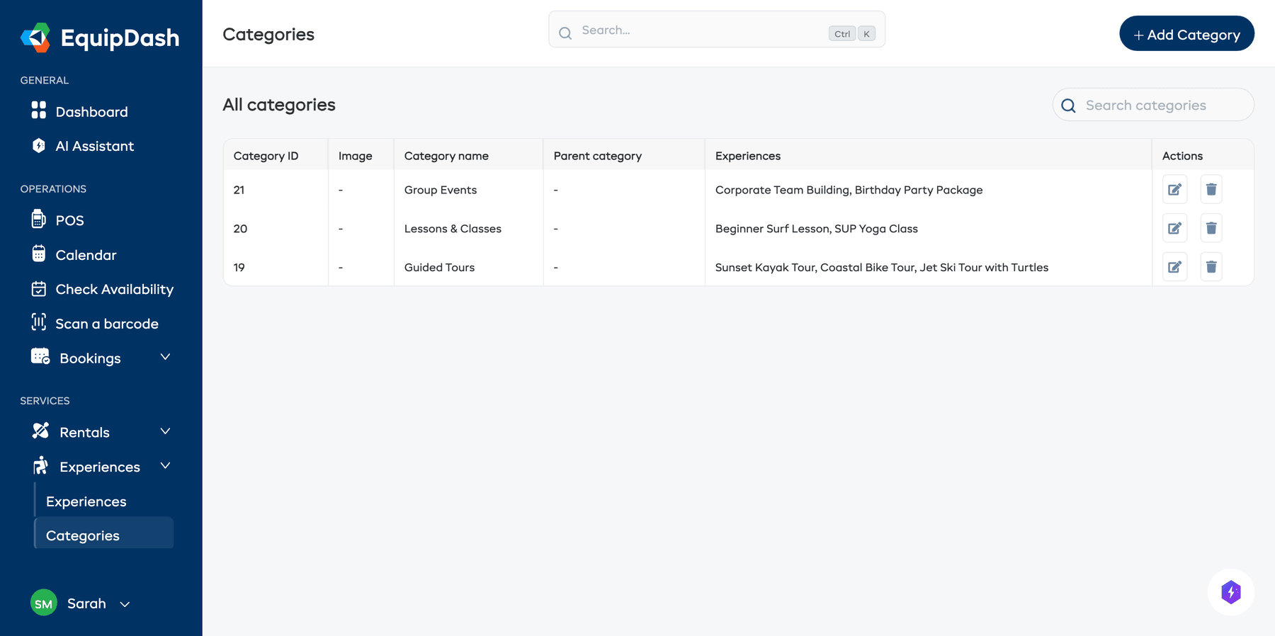 The Experience Categories table showing columns for Category ID, Image, Category name, Parent category, Experiences, and Actions