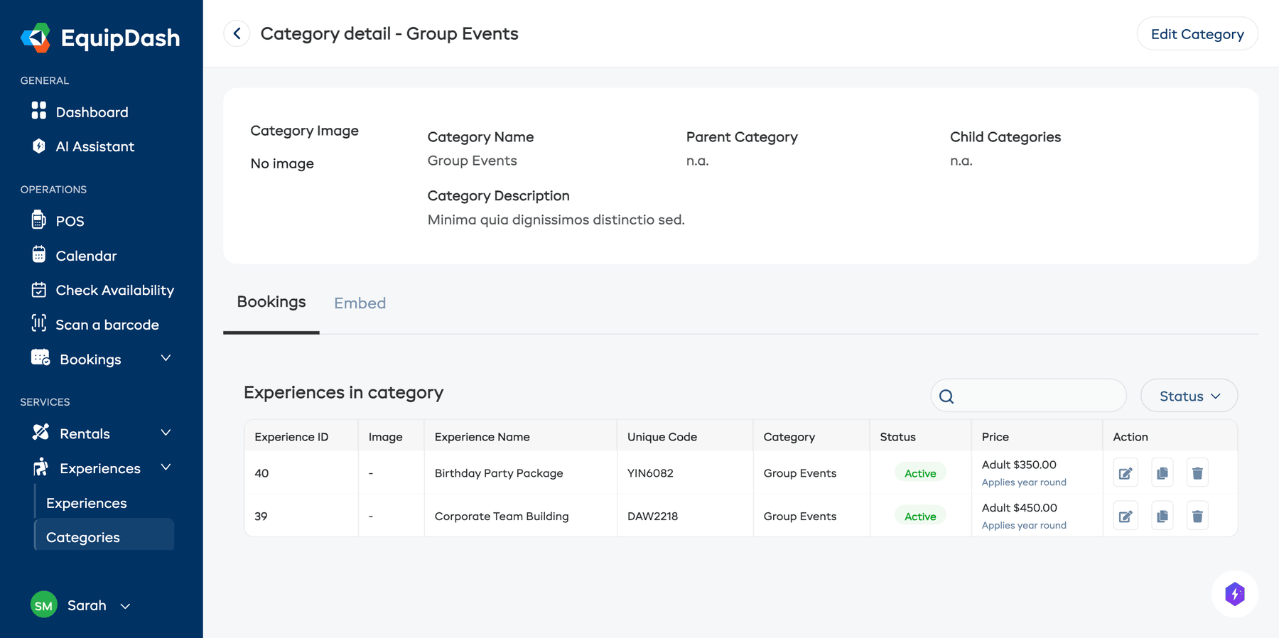 The category detail page showing the category overview and a table of experiences in the category