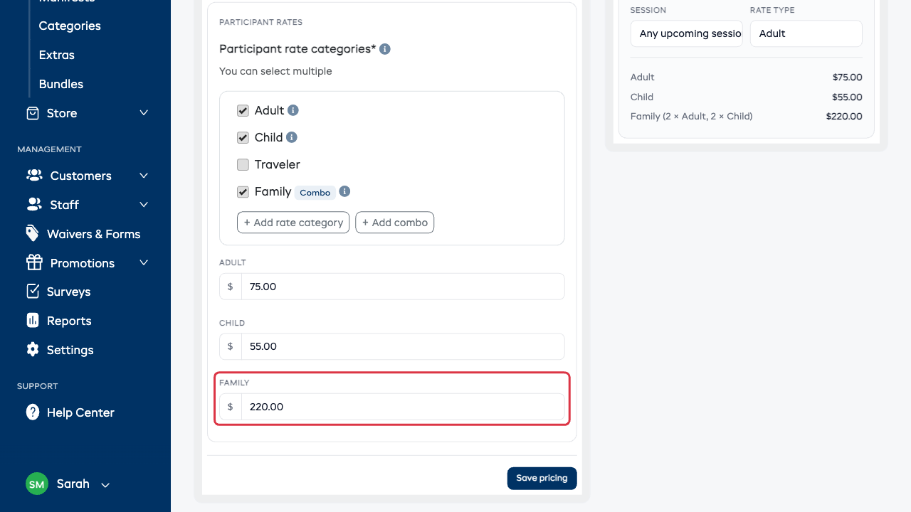 The experience Pricing tab showing the Family combo priced at one flat price alongside the per-person Adult and Child rates