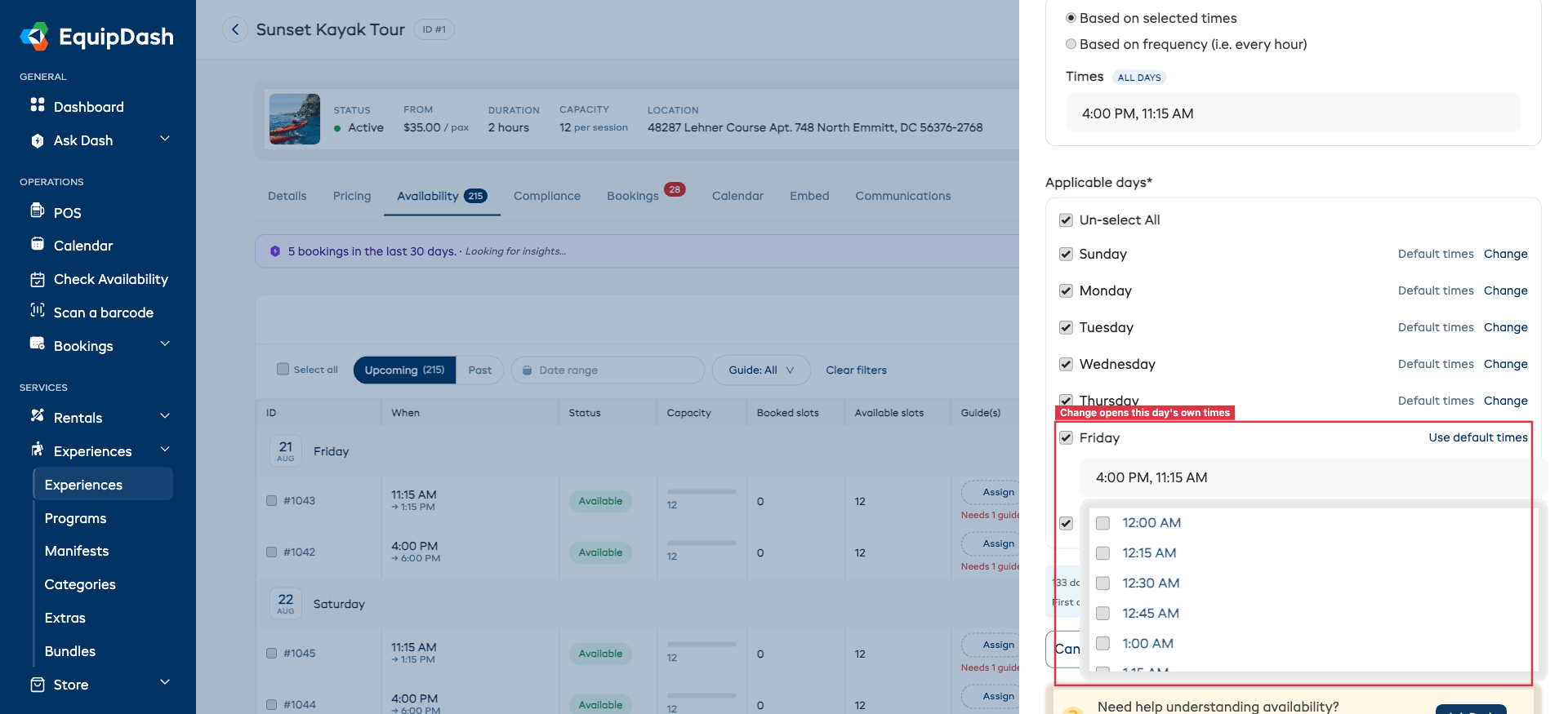 Clicking Change on Friday opens a time picker for that day only, pre-filled with the default times