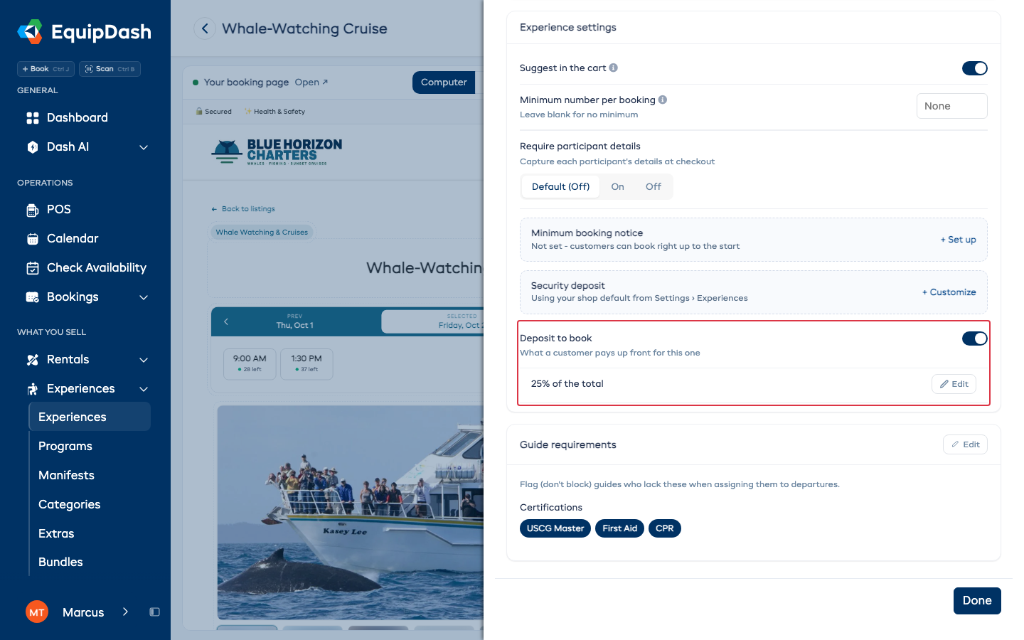 Deposit to book set to 25% of the total, in the experience settings.