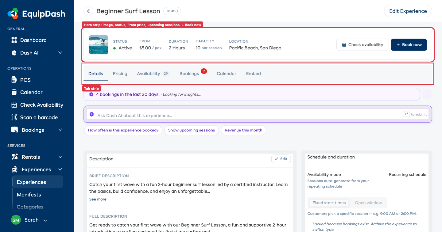 The experience detail page with the Experience Details tab active, showing the hero strip with image, status, From price, upcoming sessions count, Book now button, and the inline-editable details below