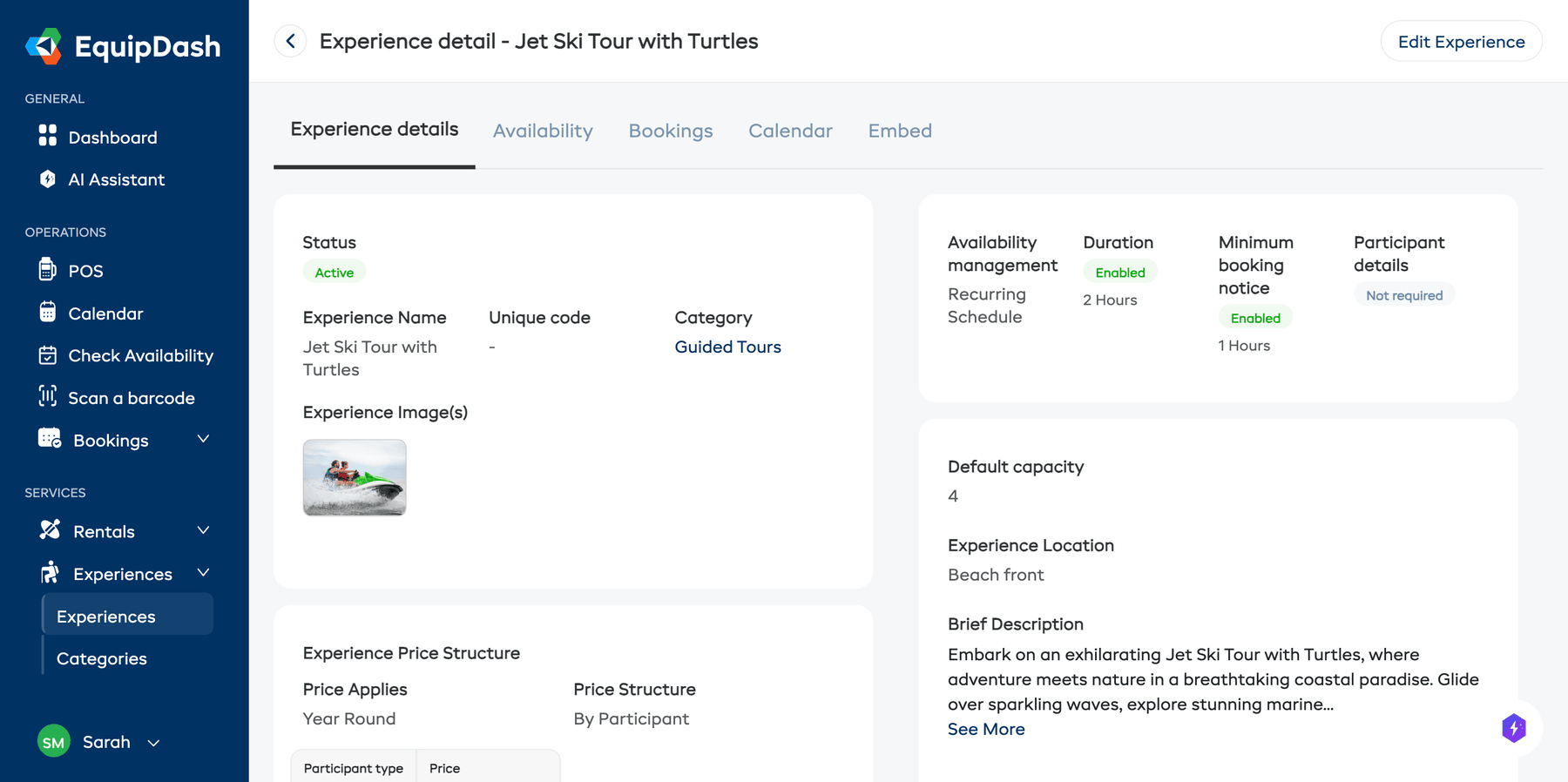 The experience detail page with the Experience Details tab active, showing the experience overview, pricing structure, and description