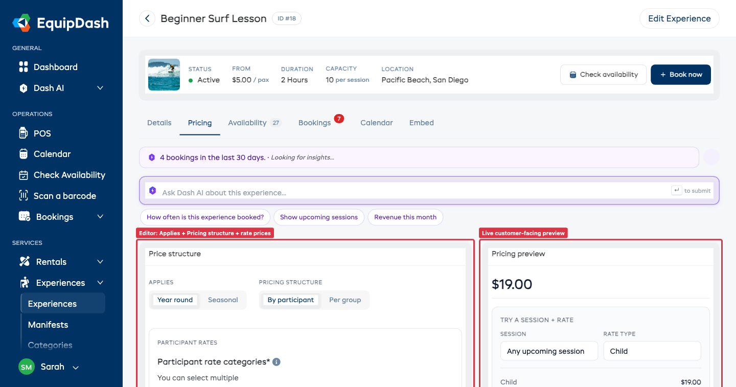 The Pricing tab on the experience detail page showing the editor on the left (Applies / Pricing structure / rate categories / prices) and the live customer-facing preview on the right