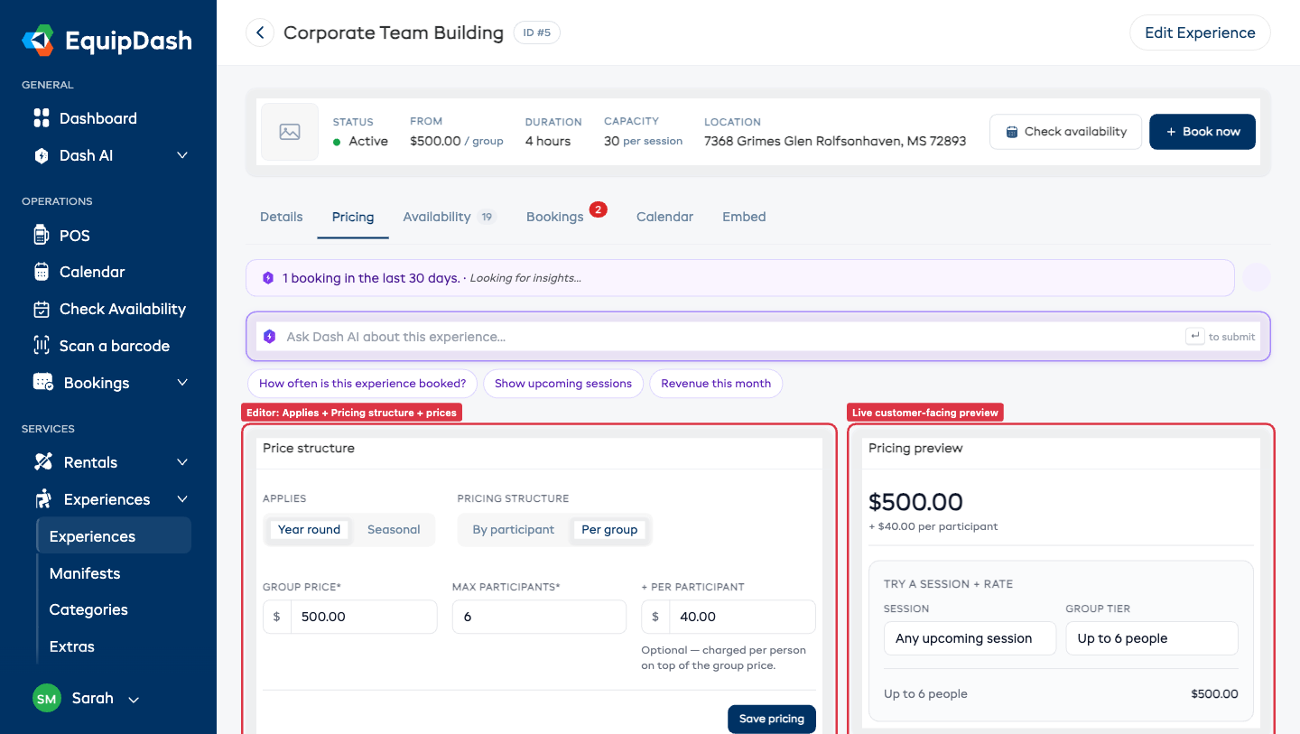 The Pricing tab on the experience detail page showing the editor on the left (Applies / Pricing structure / rate categories / prices) and the live customer-facing preview on the right