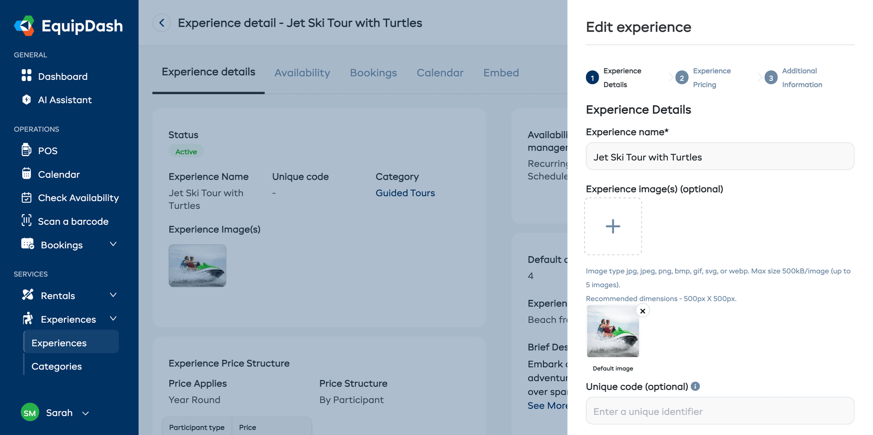 The experience wizard in edit mode, showing the slide-out panel with existing details pre-filled