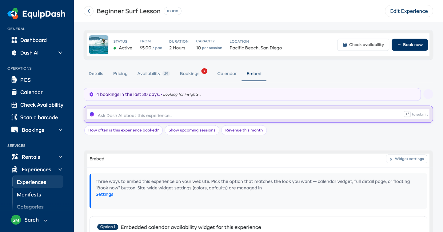 The Embed tab on the experience detail page showing the direct link and three embed snippet options (iframe, modal, floating button)
