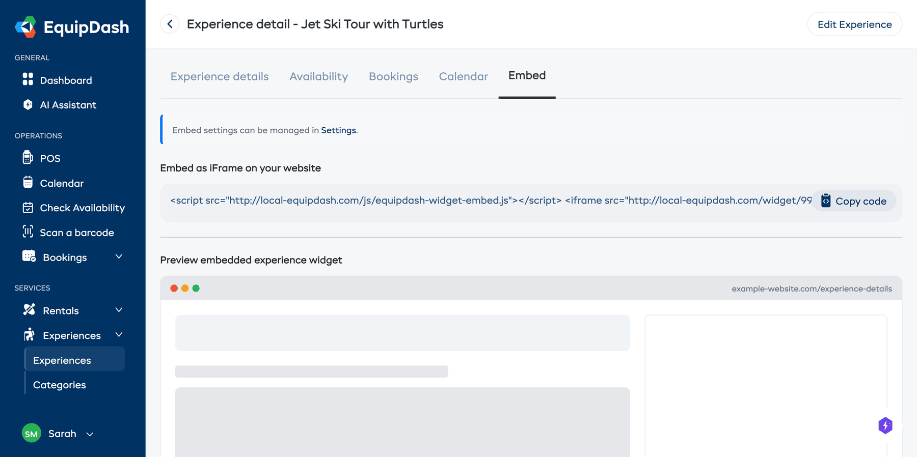 The Embed tab on the experience detail page, showing the direct link and iframe embed code