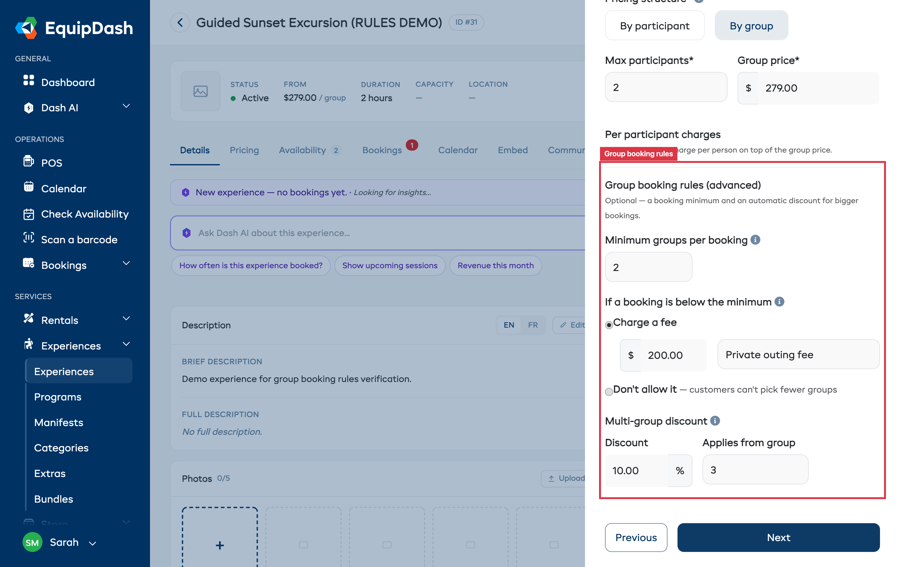 The Experience Pricing step with the Group booking rules (advanced) section open, showing Minimum groups per booking, the below-minimum choice, and the Multi-group discount fields