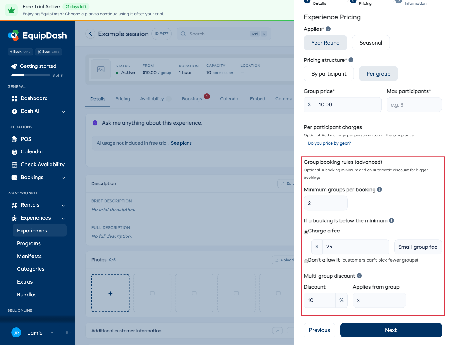 The Experience Pricing step with Per group picked and the Group booking rules (advanced) section outlined, showing Minimum groups per booking, the below-minimum choice, and the Multi-group discount fields