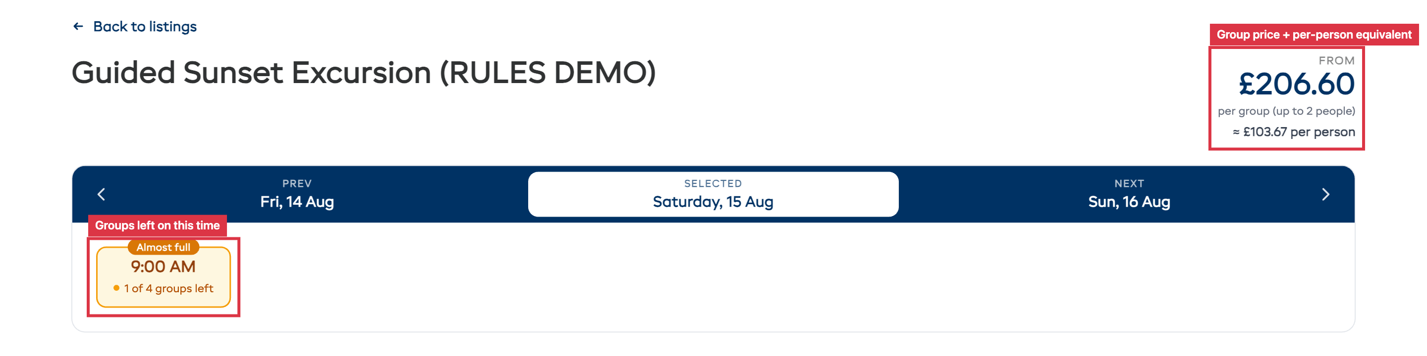 The booking site experience page showing the group price with per group (up to 2 people) and the per-person equivalent, and a time slot marked Almost full with 1 of 4 groups left