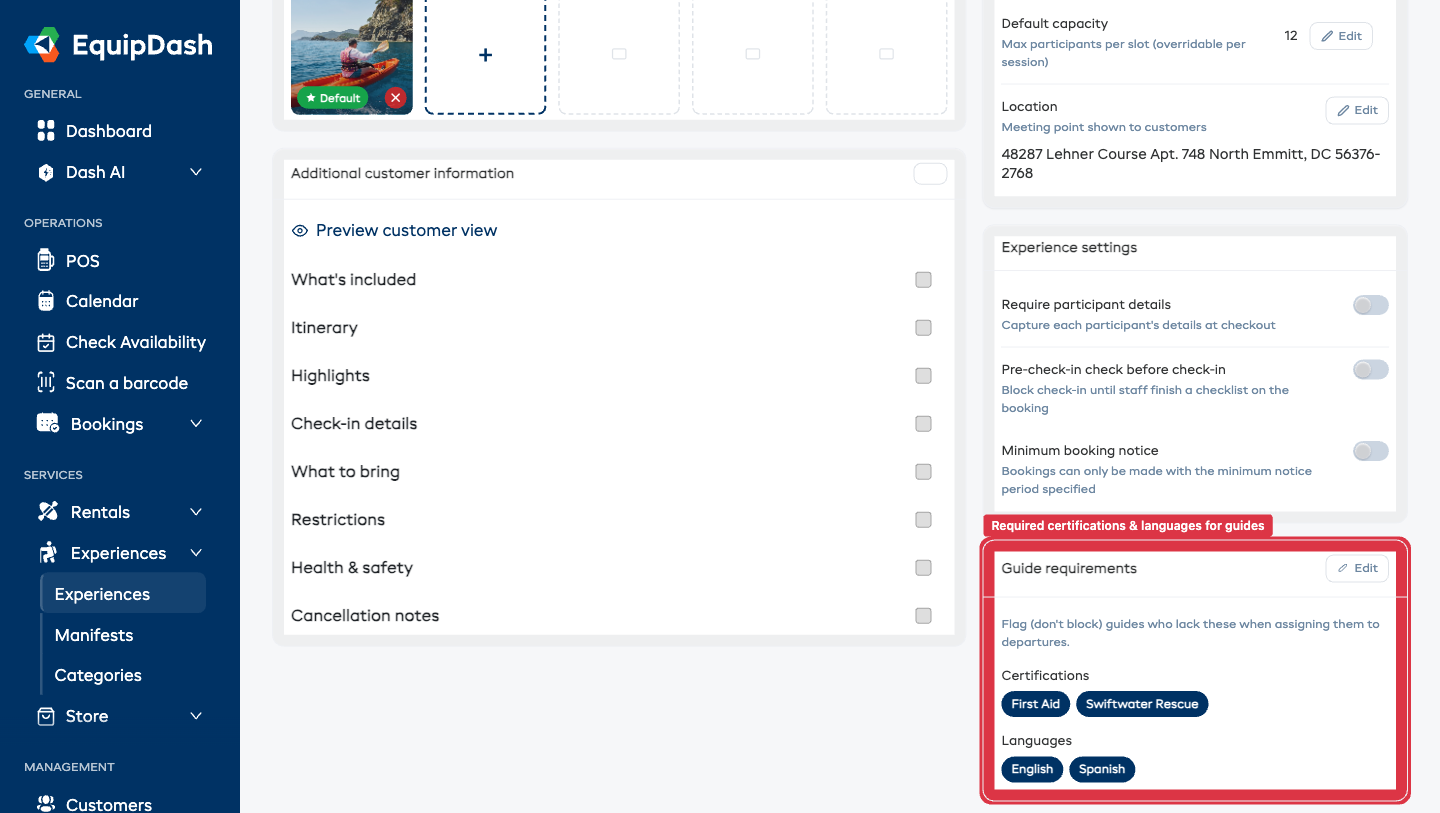 The Guide requirements card on the experience Details tab listing required certifications and languages