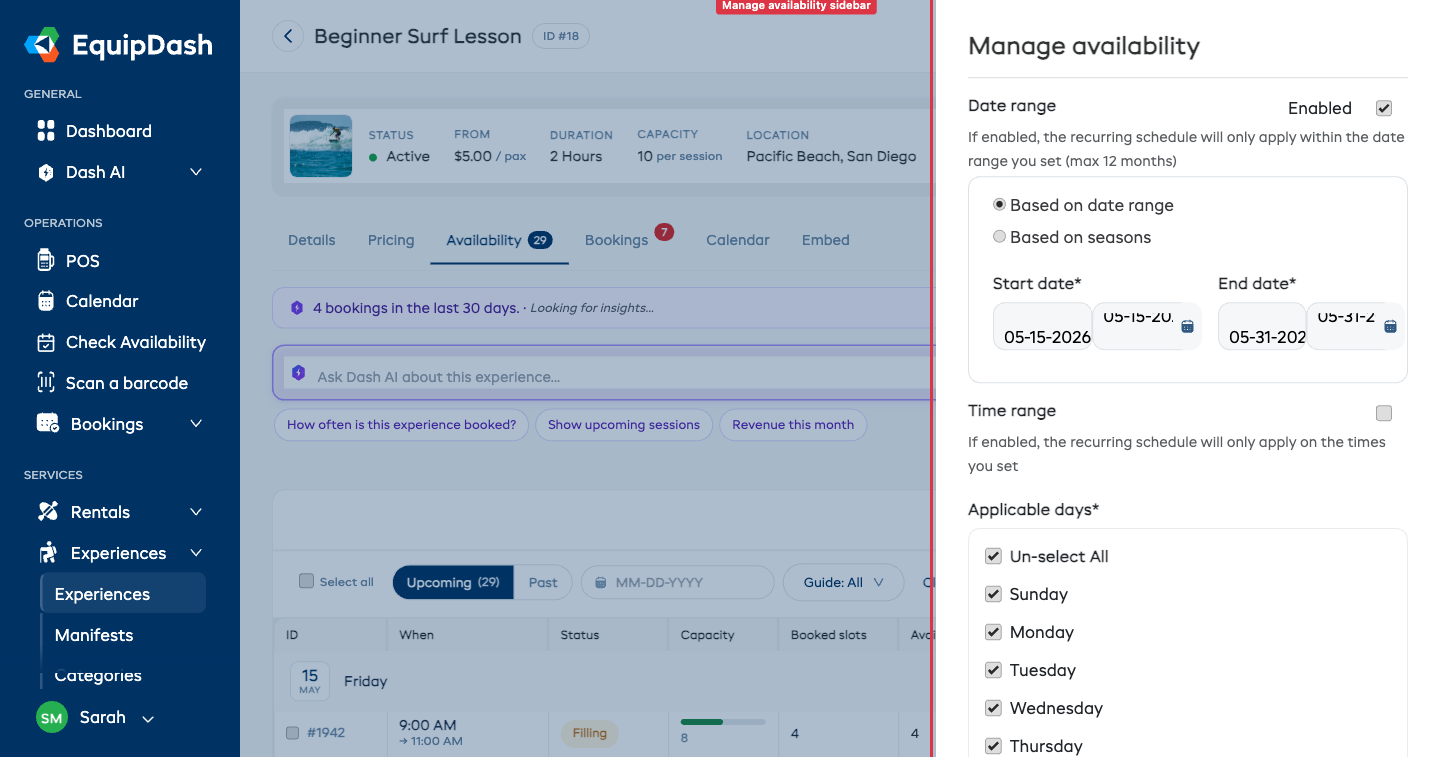 The Manage availability sidebar showing date range, time range, frequency, and applicable days settings