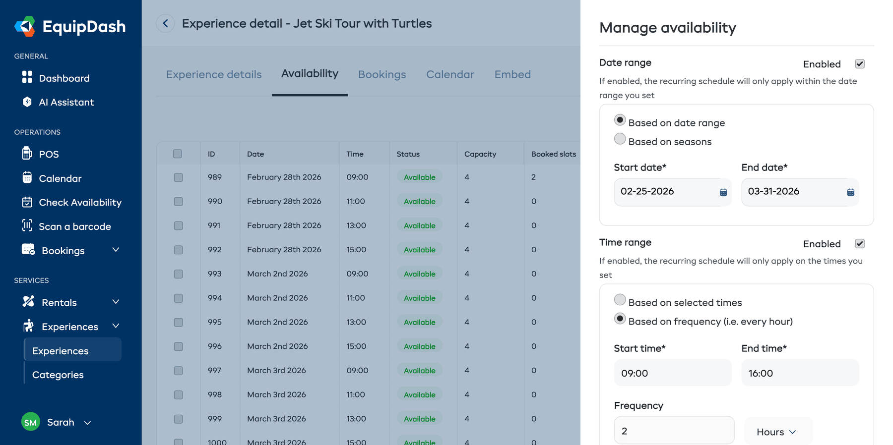 The Manage Availability panel showing date range, time range, frequency, and applicable days settings