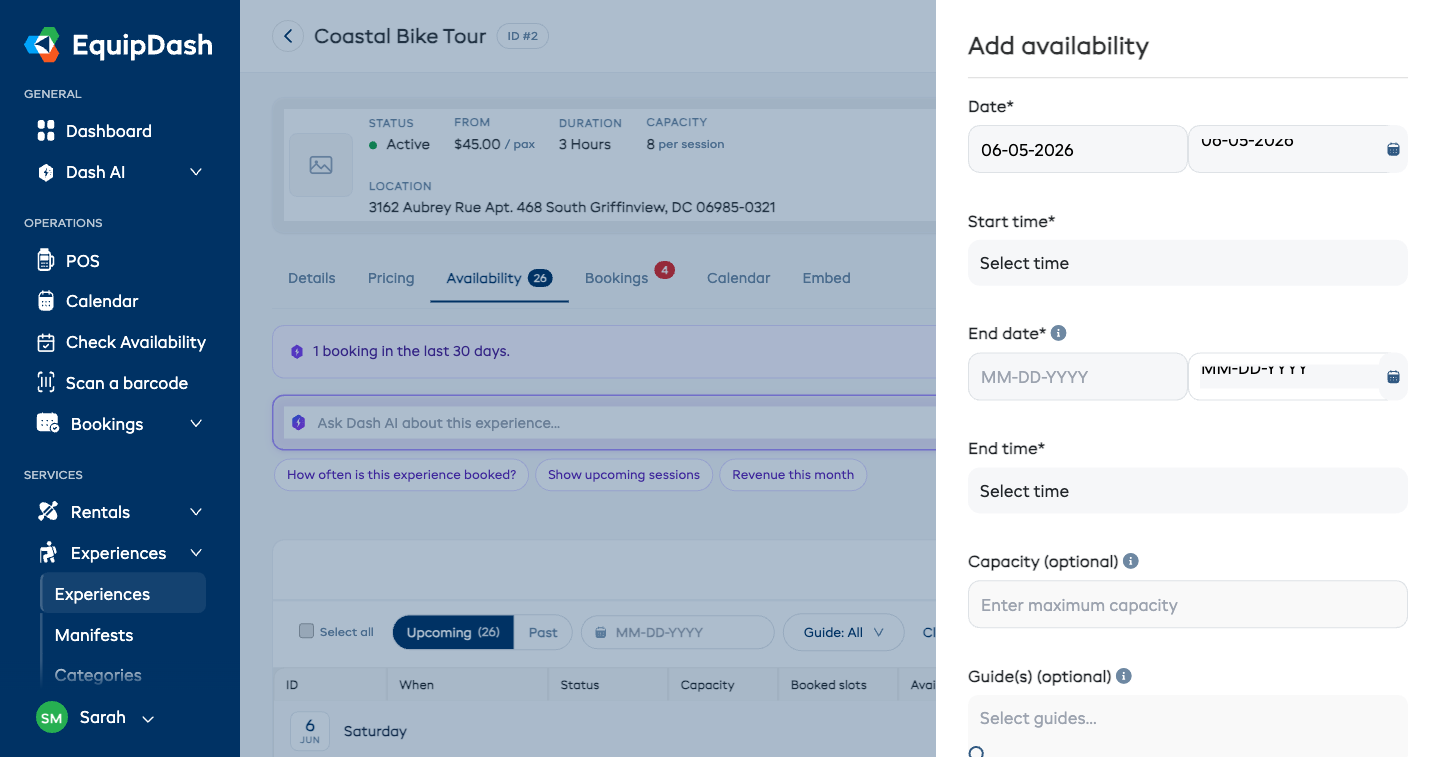 The Add availability panel for a multi-day experience, showing Start date and time plus the End date and End time fields that define the trip's return