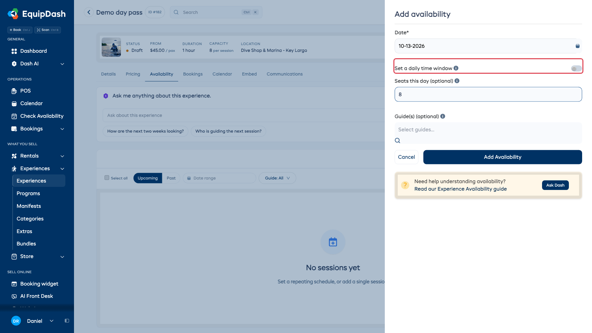 Date-only availability with Set a daily time window turned off and eight seats for the day