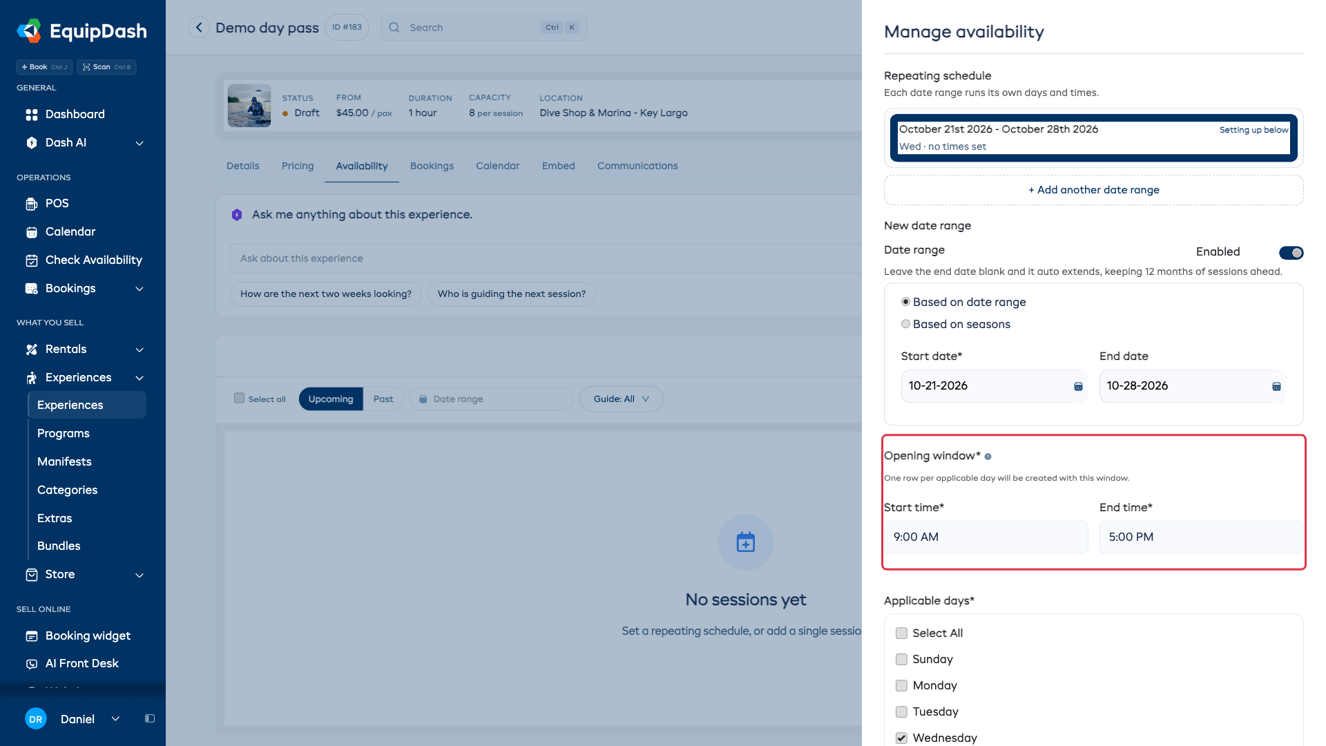The required opening window for a recurring schedule
