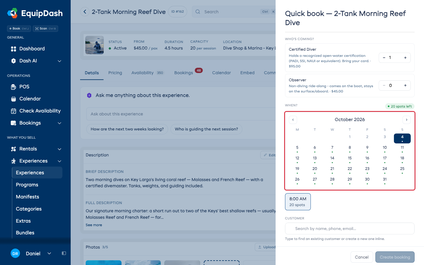 Experience Quick Book with participant counts, an inline calendar, session choices, and customer search