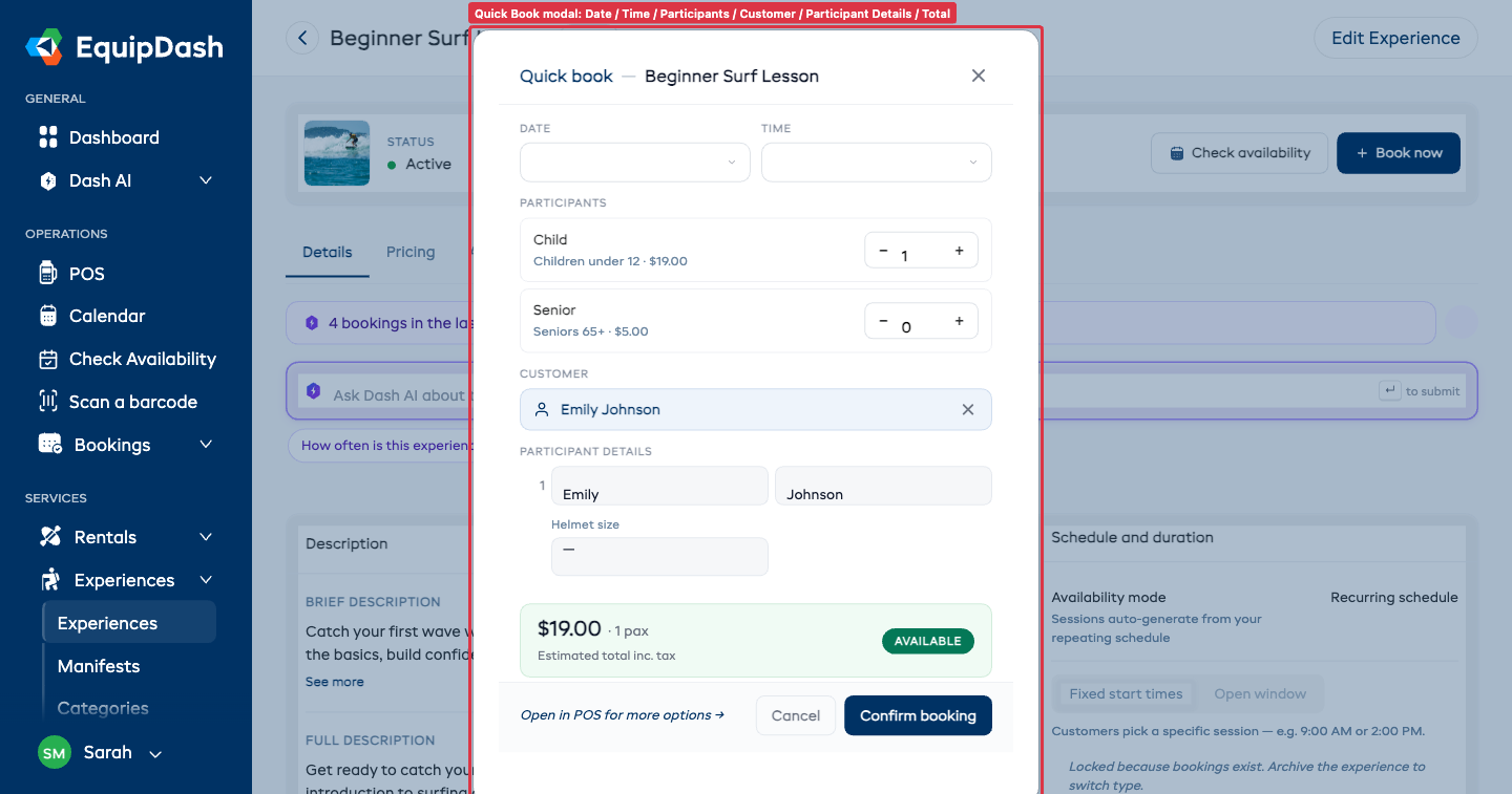 The Experience Quick Book modal showing Date and Time pills, participant rate steppers, customer typeahead, inline per-participant details with custom fields, and the estimated total card