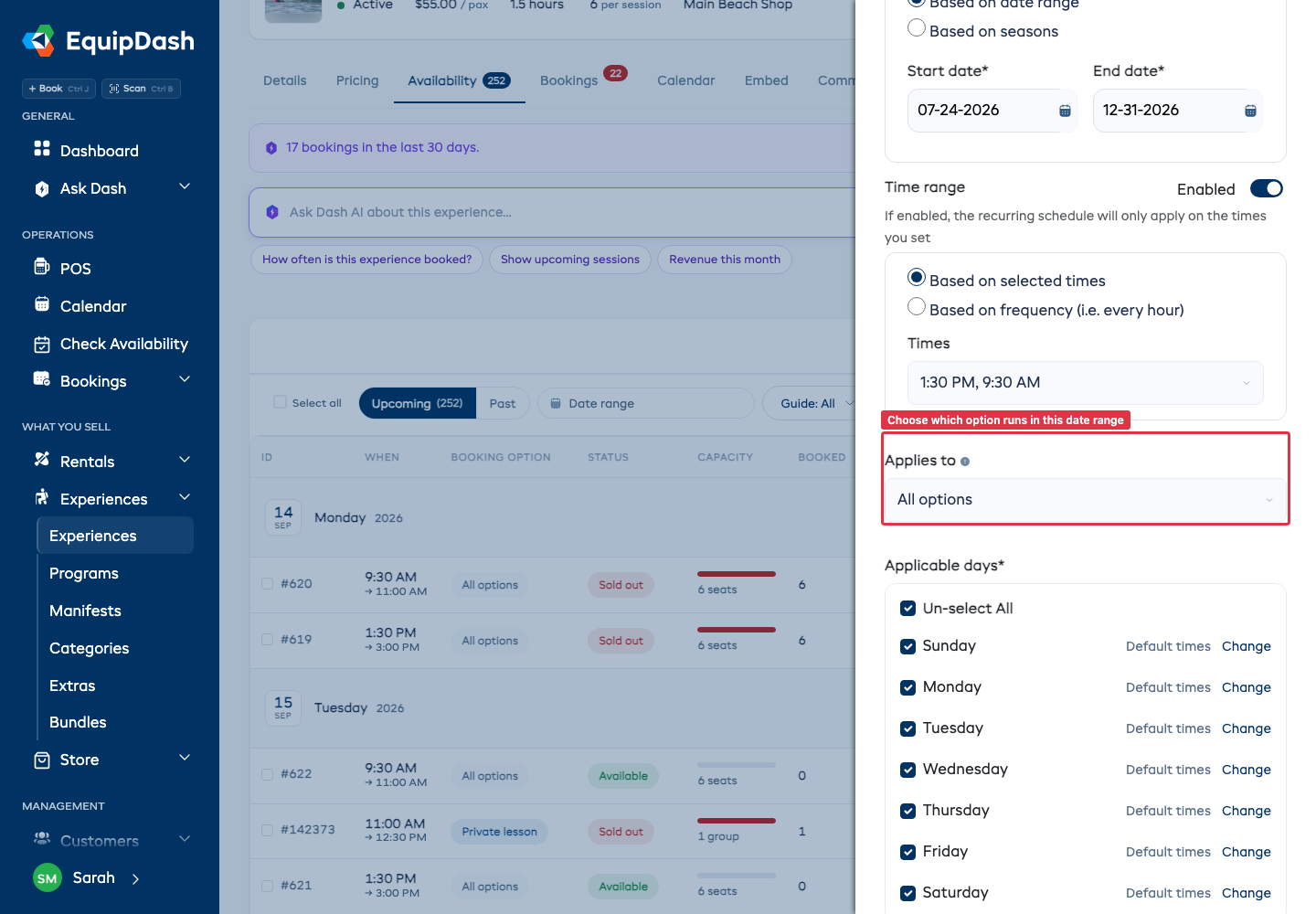 The Manage schedule panel with Applies to set to one booking option
