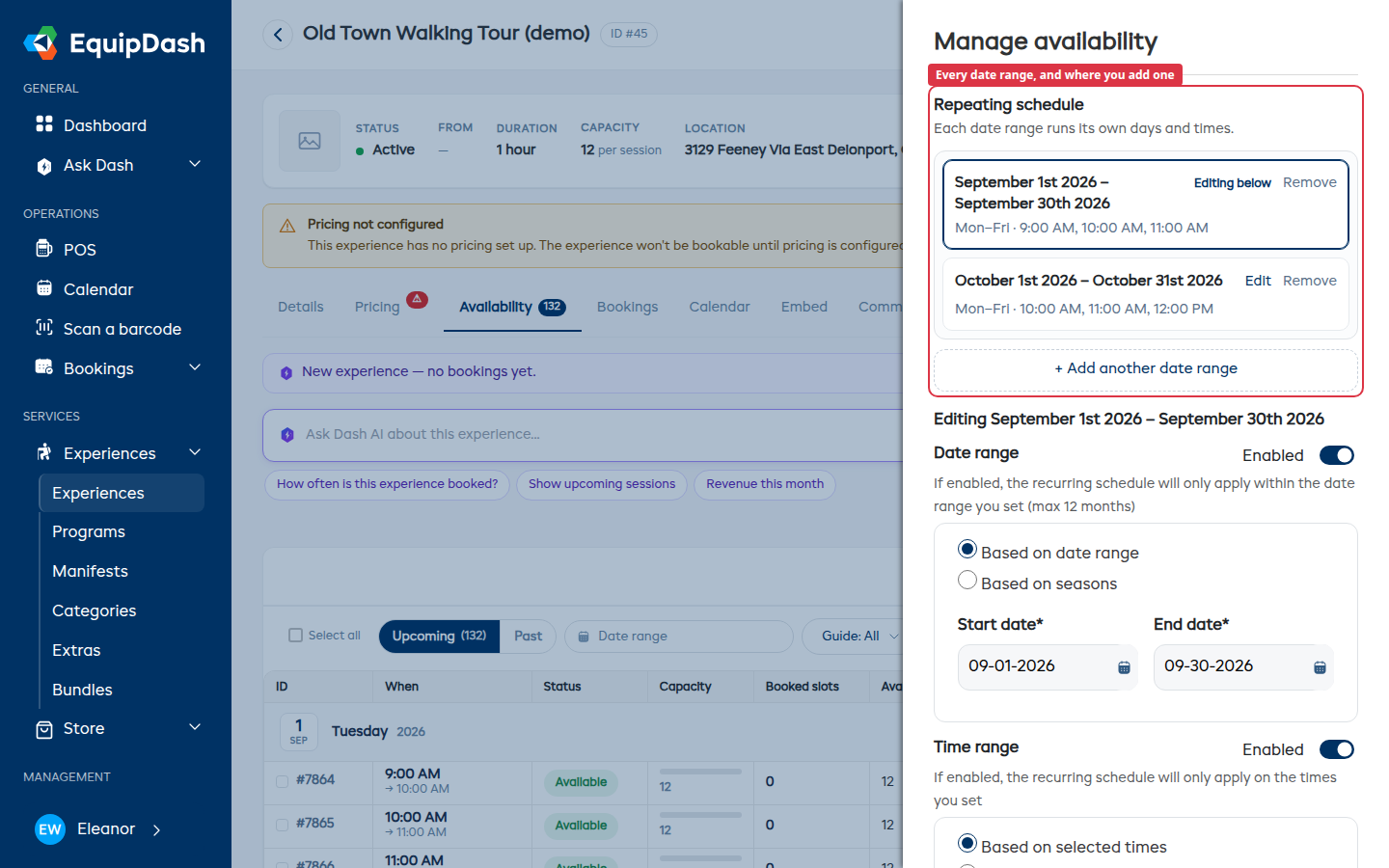 The Manage availability sidebar listing two date ranges, each with its own days and times, and the Add another date range button