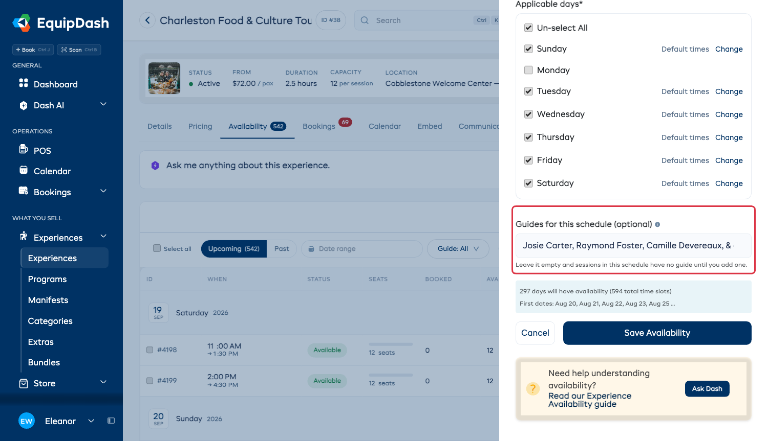 The Manage availability sidebar with the Guides for this schedule field below the applicable days