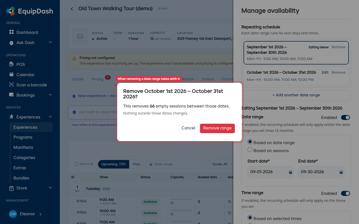 The confirmation asking to remove a date range, showing how many empty sessions will be removed