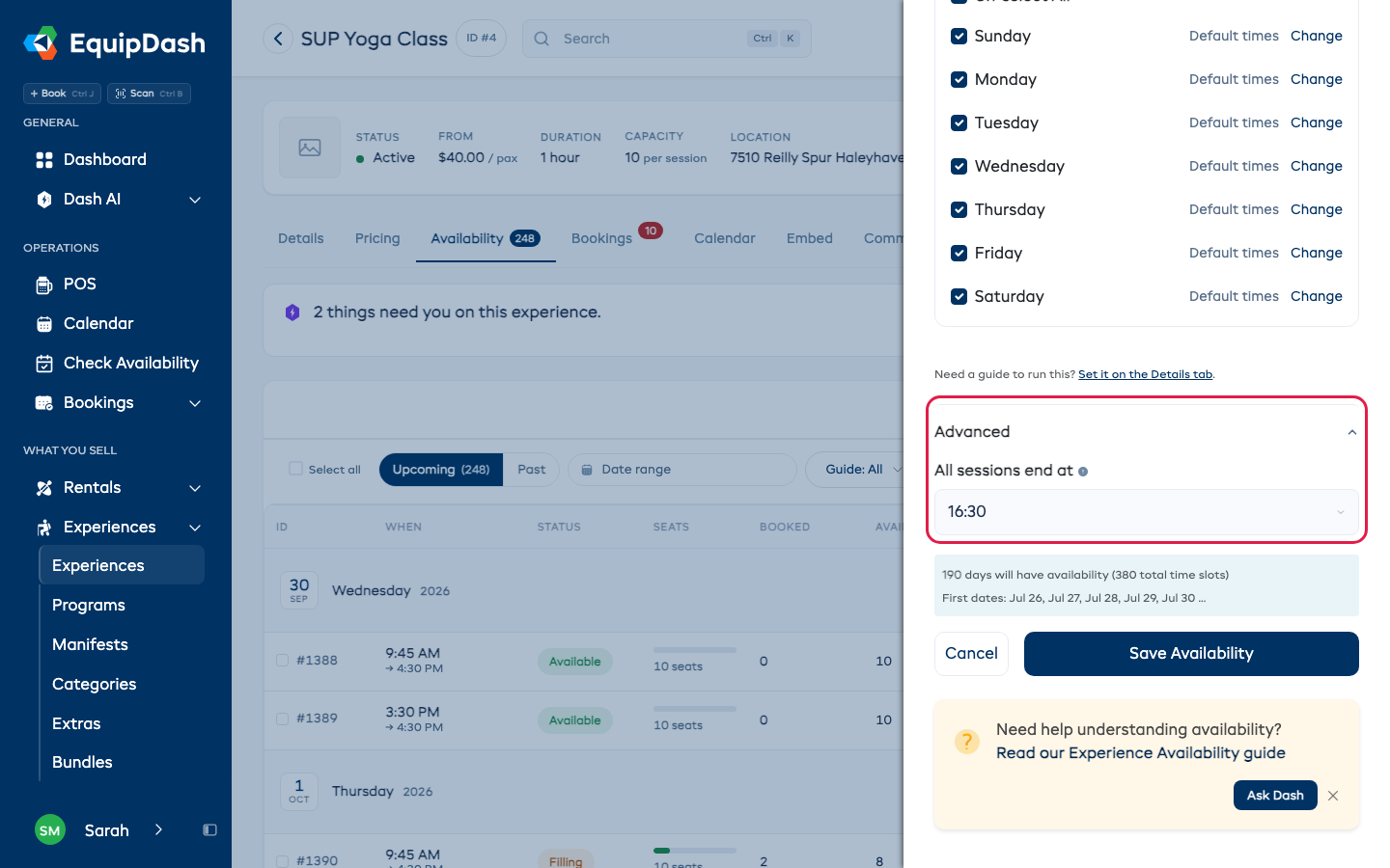 The Manage availability sidebar with Advanced open and All sessions end at set to 16:30