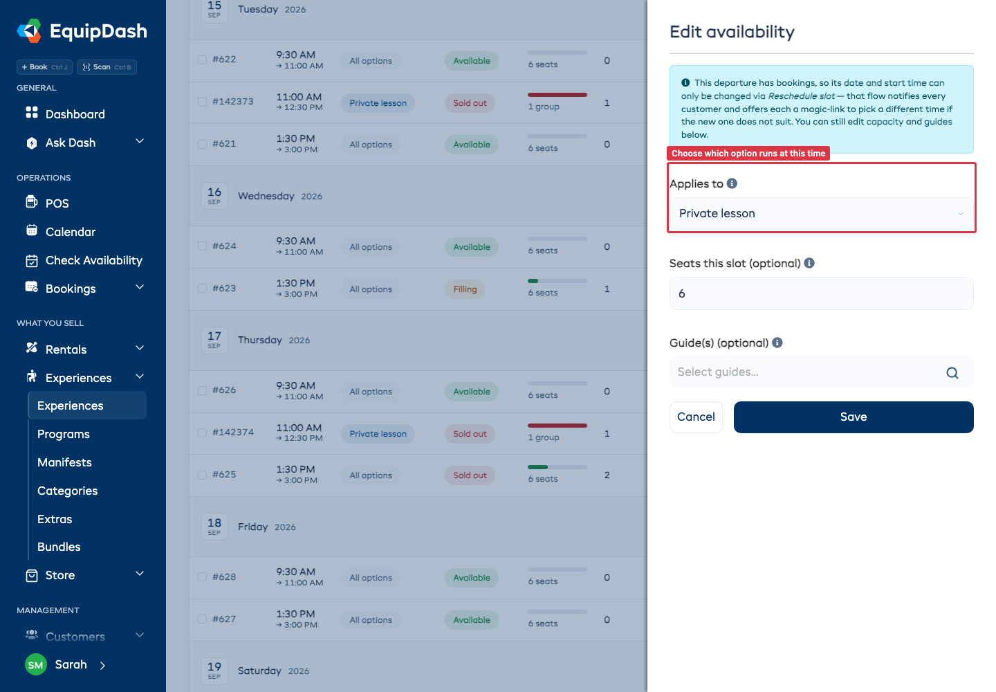 The Add availability panel with Applies to set to a single booking option