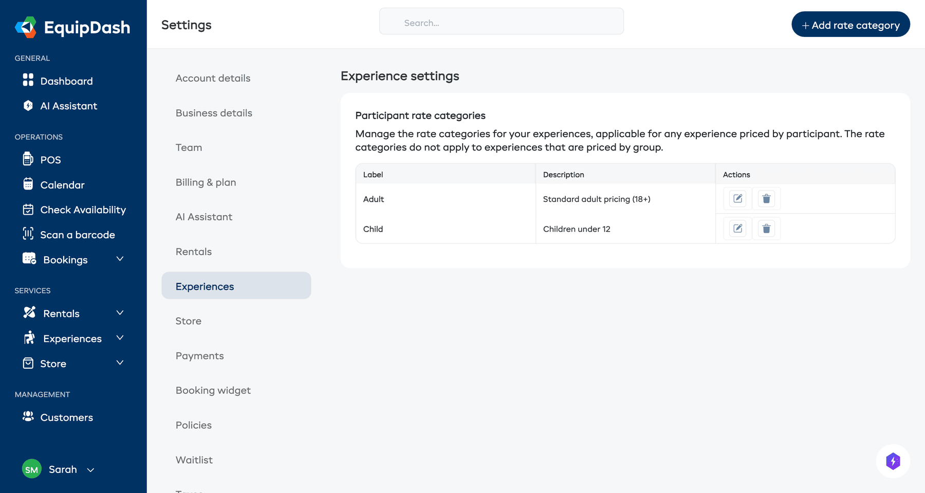 The Settings > Experiences page showing the Participant rate categories table with labels like Adult, Child, and Senior