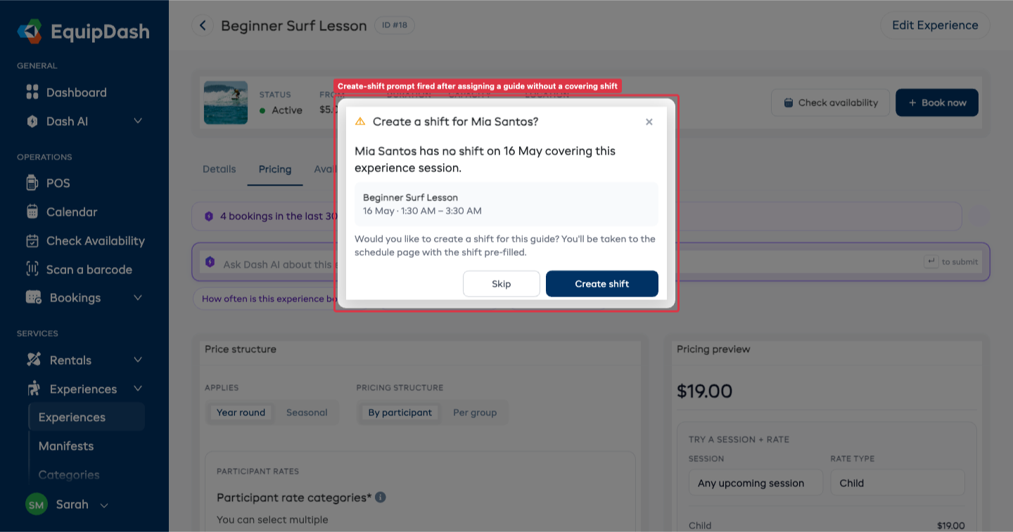 Create-shift prompt modal — title 'Create a shift for [Guide]?', body explaining no shift covers this session, plus Skip and Create shift buttons
