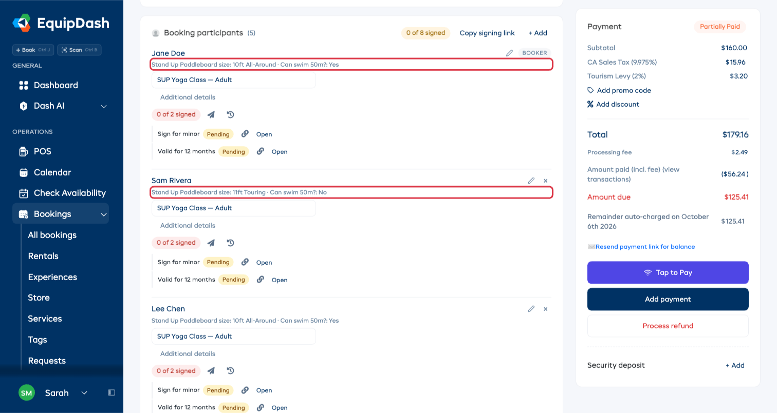Sizes and answers under each person's name on the booking