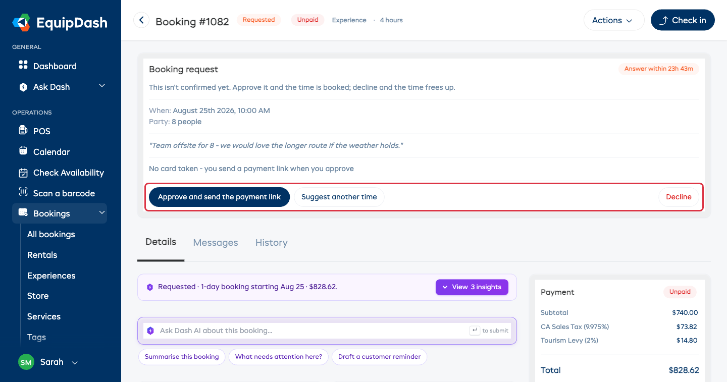 The booking request card on a booking, with Approve, Suggest another time and Decline