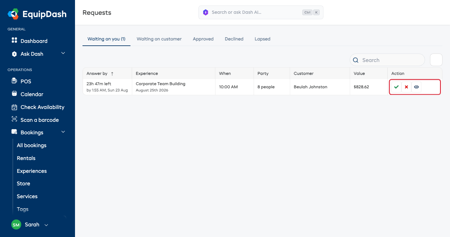 The Requests inbox, with the approve, decline and view buttons on the row
