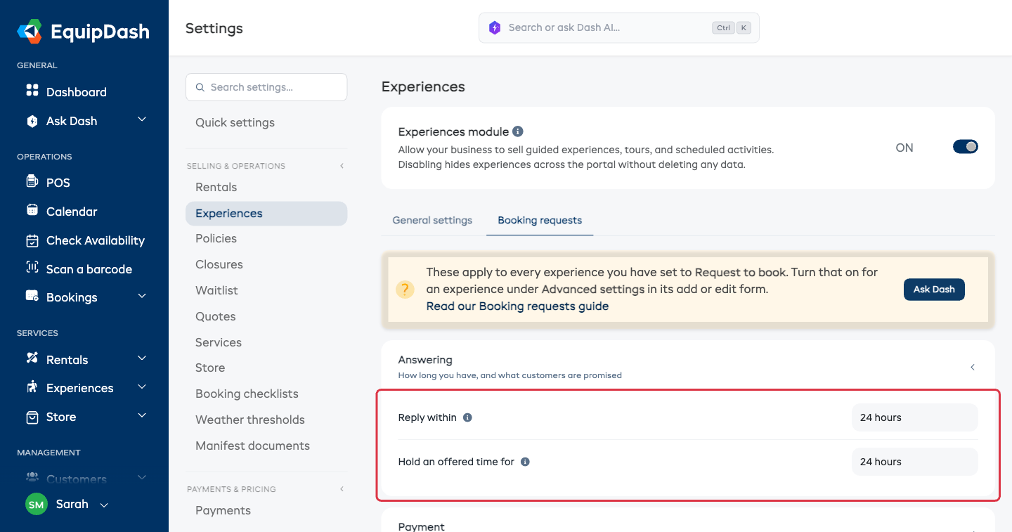 The Booking requests settings tab, with Reply within and Hold an offered time for