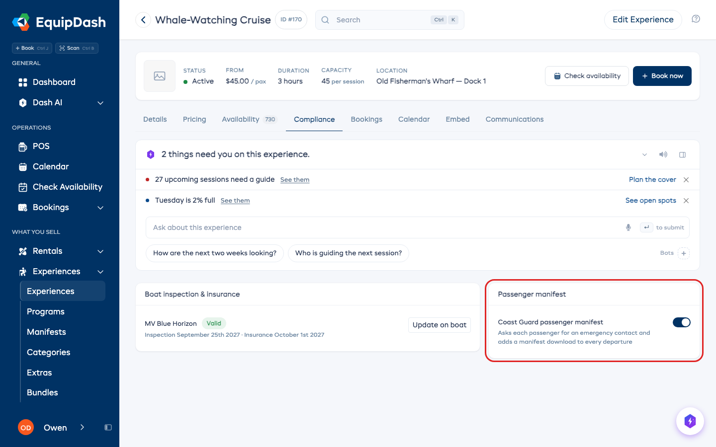 The passenger manifest switch on an experience's Compliance tab