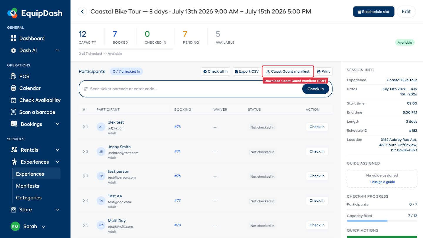 The Coast Guard manifest button in a charter departure's participant toolbar