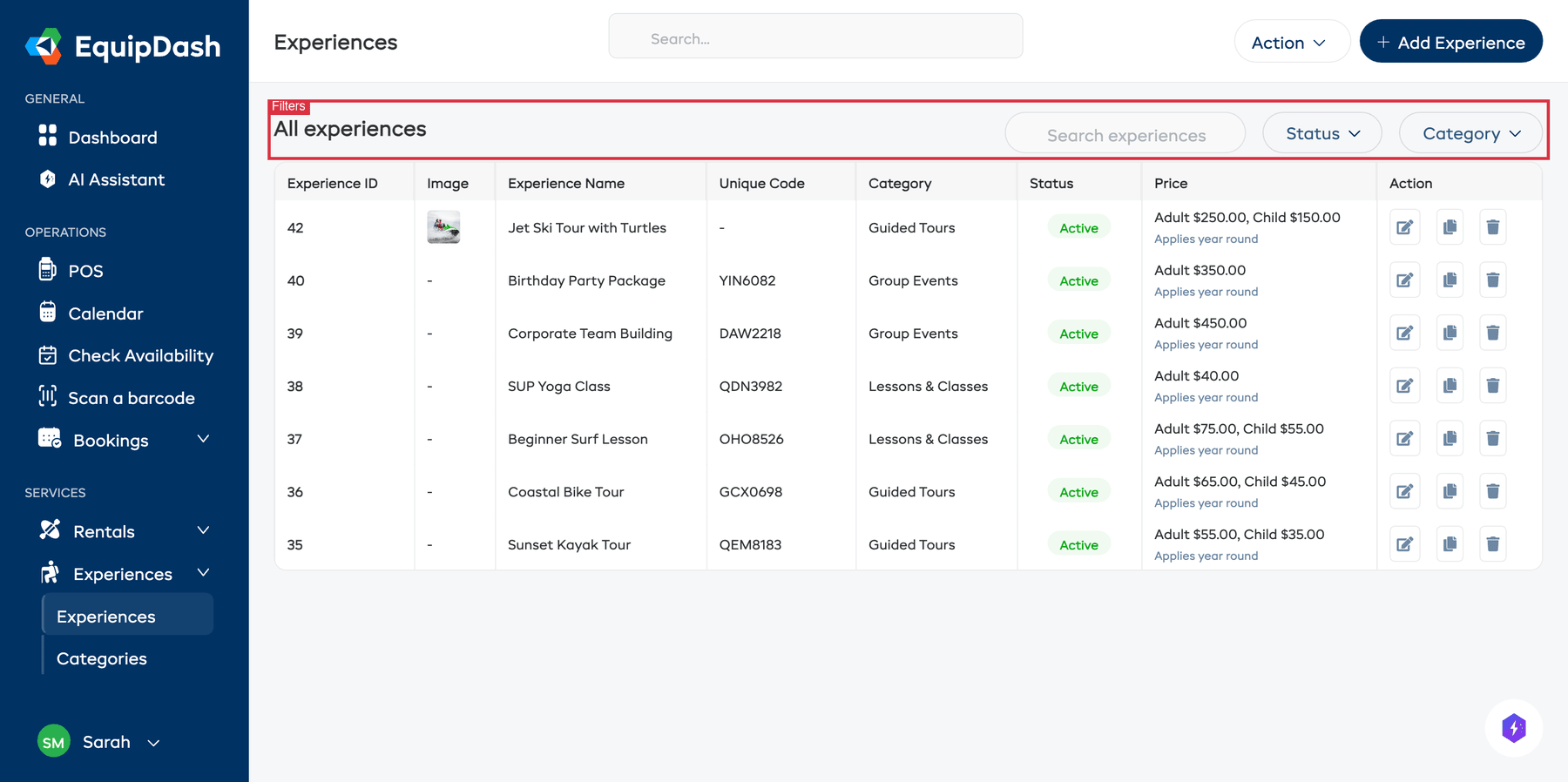 The filter bar above the Experiences table with search field, status dropdown, and category dropdown