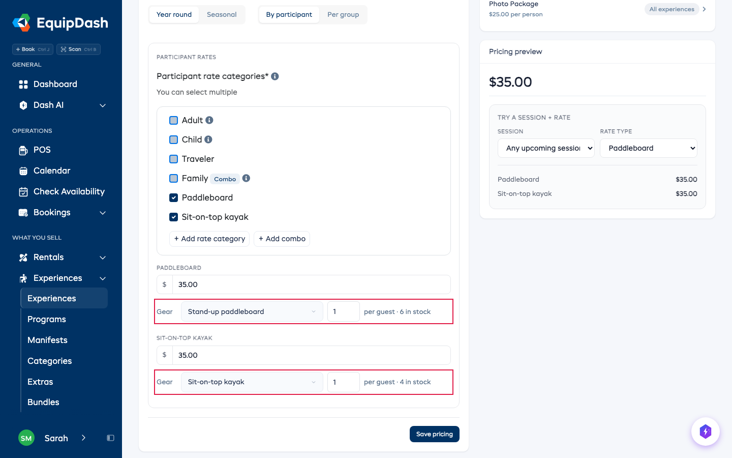 The gear pickers on the Pricing tab