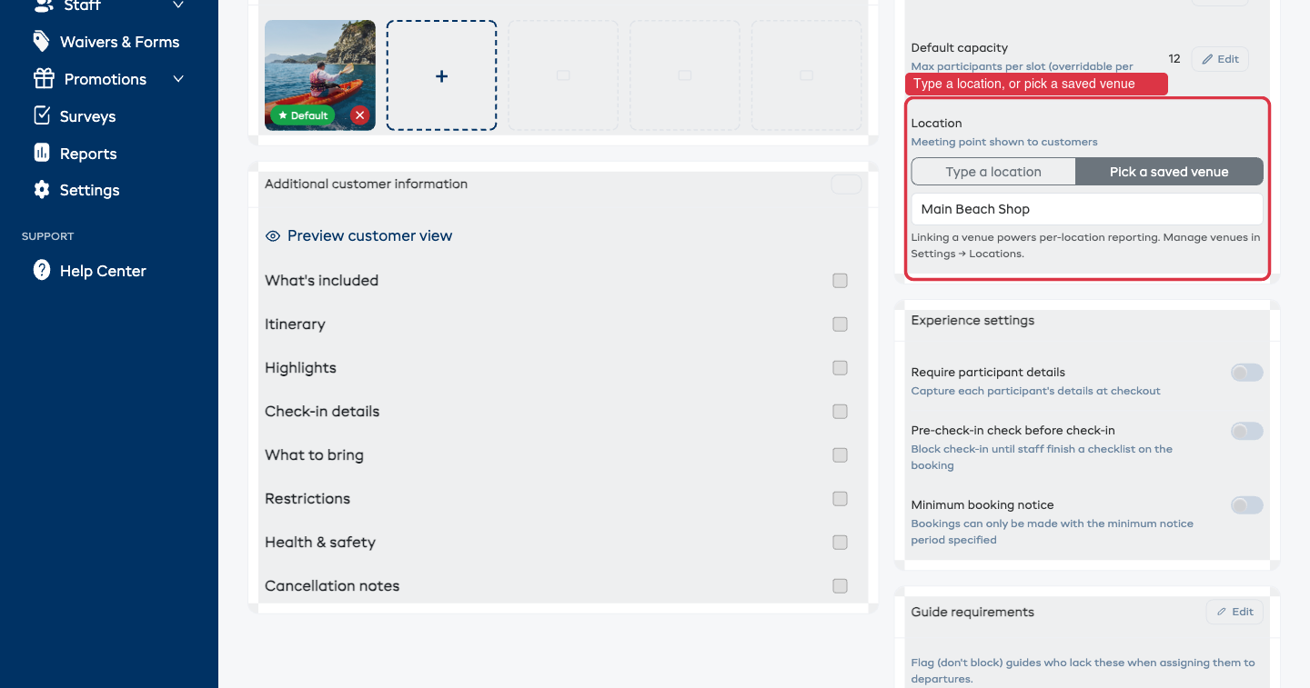 Location field with the type-or-pick-a-venue toggle on the experience form