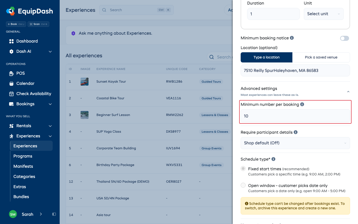 Minimum number per booking under Advanced settings