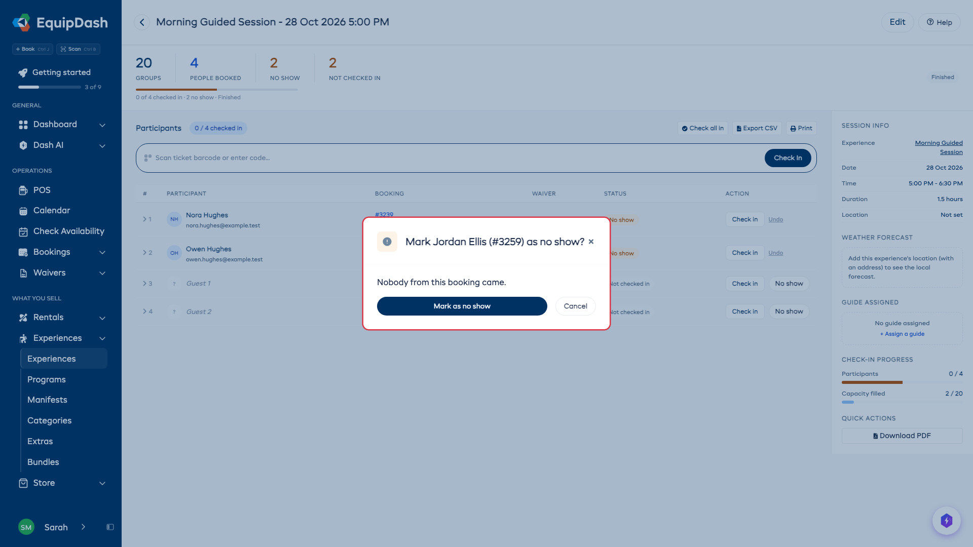 The No show window for a booking with gear and an activity, with no Email the customer switch
