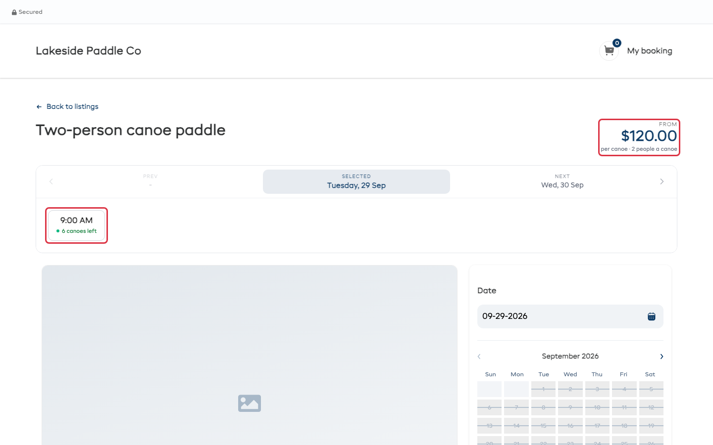 The booking page with $120.00 per canoe, 2 people a canoe outlined, and a 9:00 AM time reading 6 canoes left