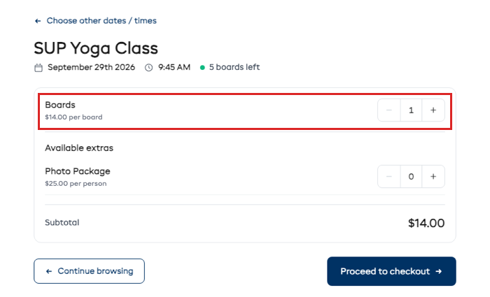 The booking page with only the Boards question outlined, $14.00 per board
