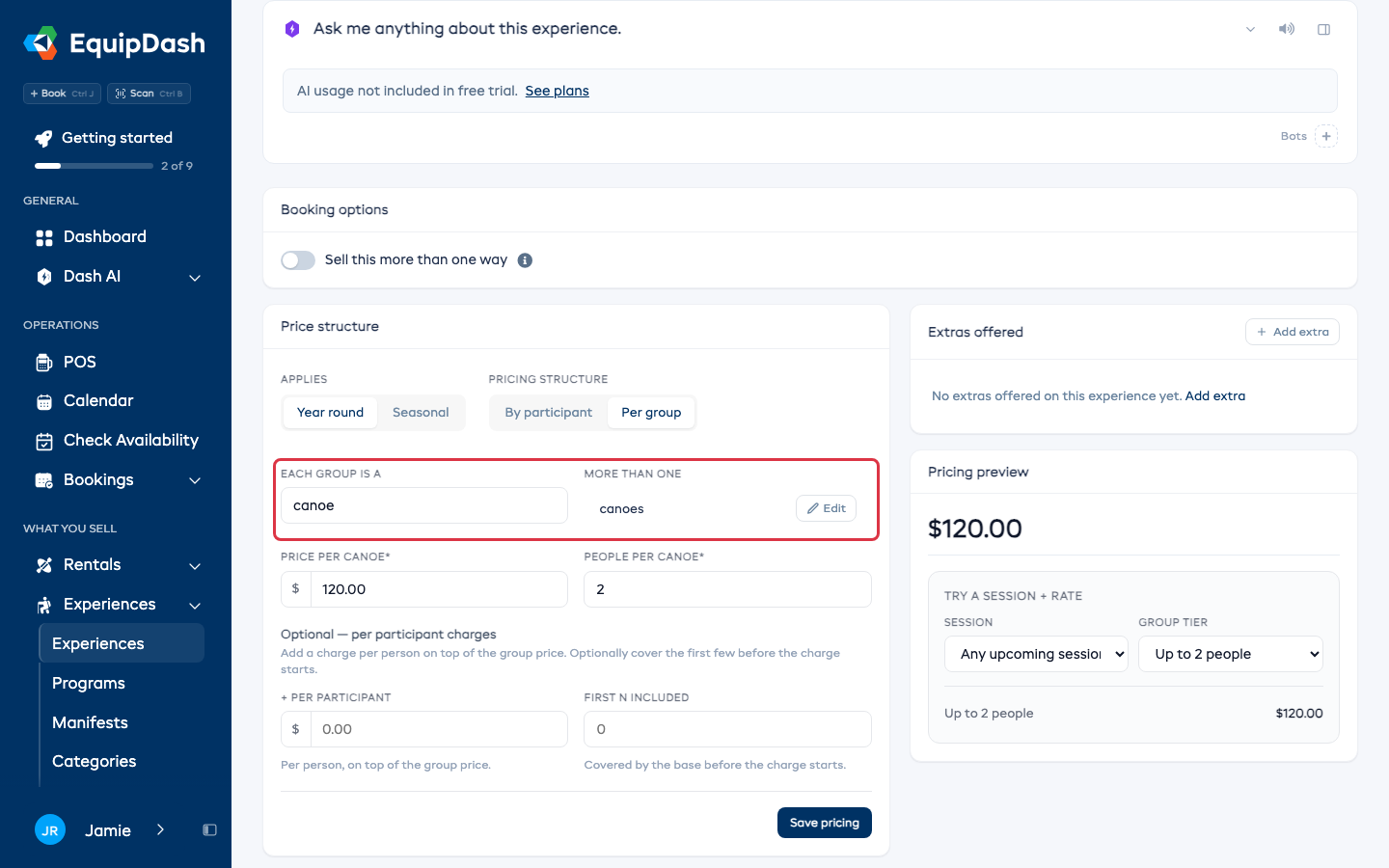 The Pricing tab with Each group is a canoe and More than one canoes outlined, above Price per canoe and People per canoe