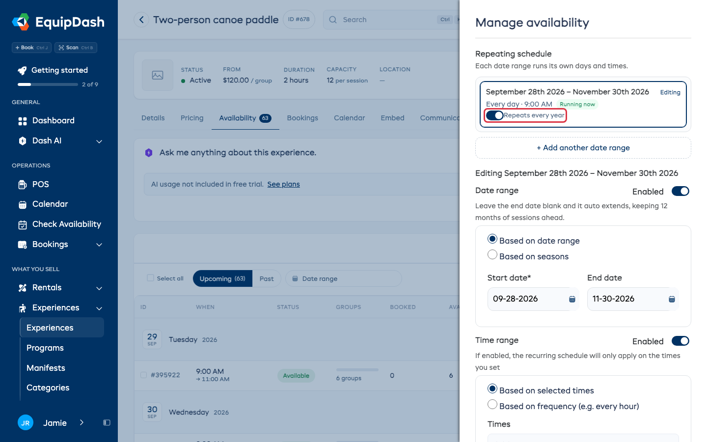 The Manage availability sidebar with the Repeats every year switch outlined on a date range