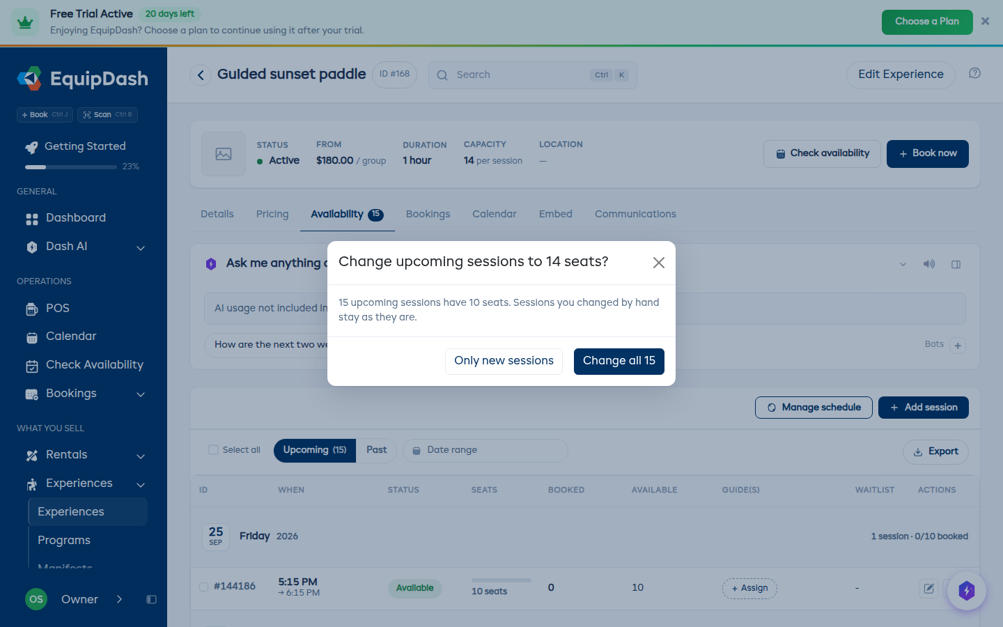 The "Change upcoming sessions to 14 seats?" popup with Only new sessions and Change all buttons.