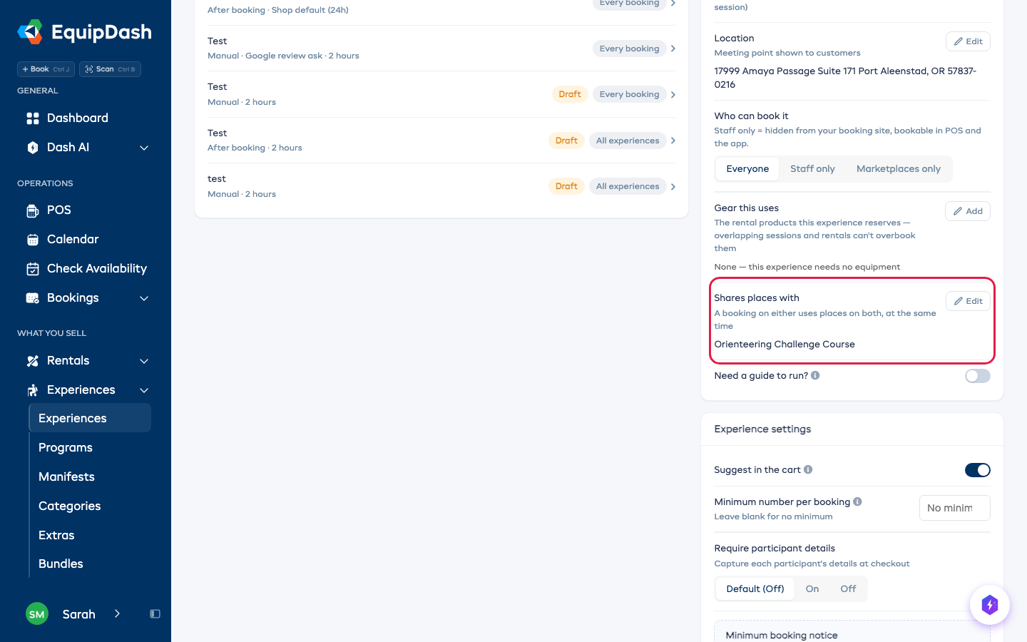 The Shares places with row on an experience's Details tab